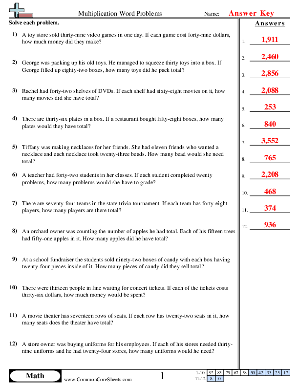 Worksheet featuring multiplication word problems for third-grade students