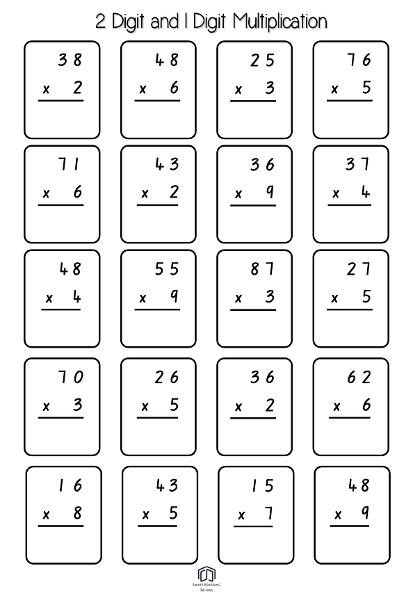 Two-Digit by One-Digit Multiplication Practice Worksheet for Grade 3 Third grade math worksheet featuring 2-digit by 1-digit multiplication problems with regrouping