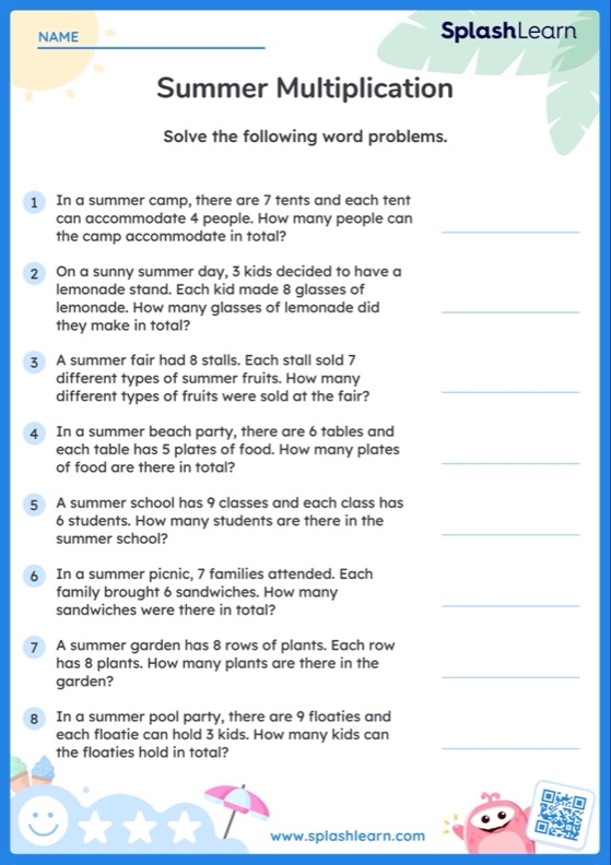 Worksheet featuring multiplication word problems for third graders