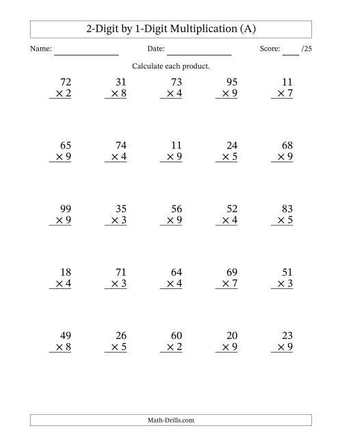 Third grade multiplication worksheet focusing on regrouping techniques Students practicing 2-digit by 1-digit multiplication problems on a math worksheet