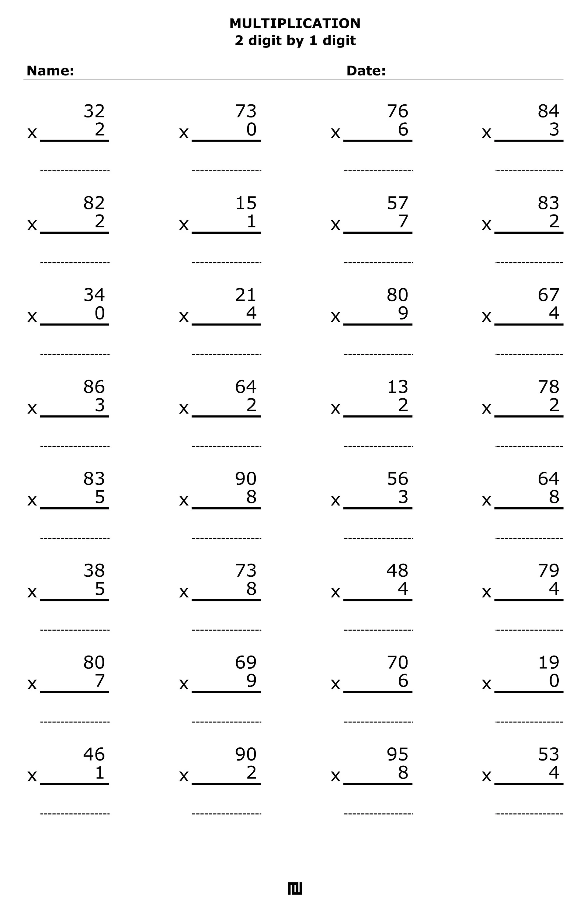 Multiplication worksheet featuring 2-digit by 1-digit problems for grade 3 students number 18 Third grade math worksheet for practicing 2-digit by 1-digit multiplication with regrouping