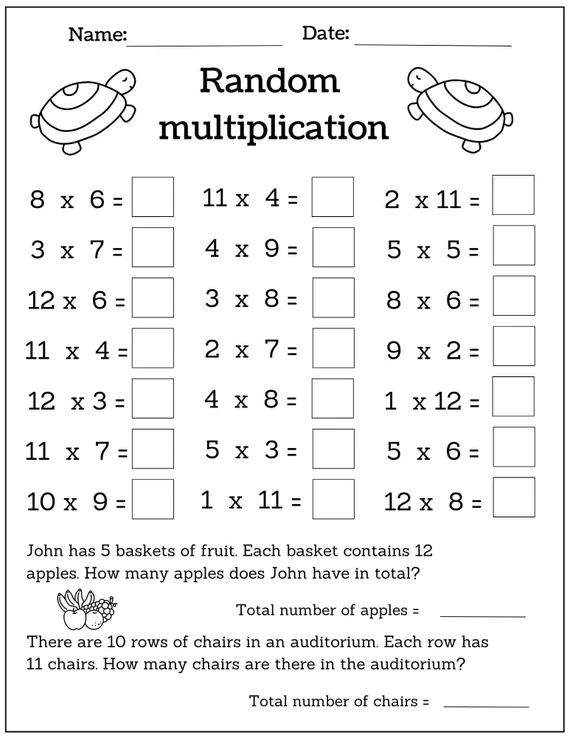 Third grade students working on multiplication word problems in a math worksheet