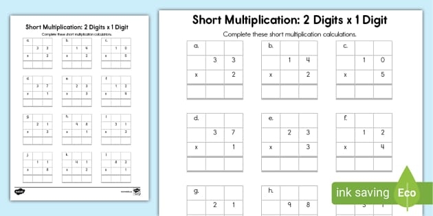 Third grade students practicing two-digit by one-digit multiplication problems with visual examples and answer spaces
