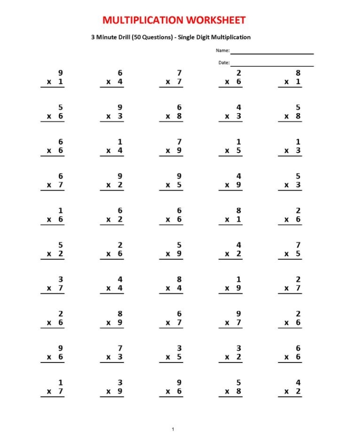 Multiplication worksheet for third graders designed to be completed in three minutes