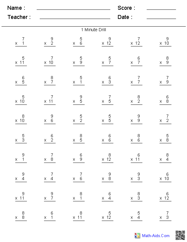 Multiplication worksheet designed for third graders to test their skills in three minutes