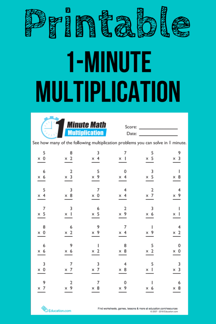 Third grade multiplication worksheet featuring quick problems to solve in one minute