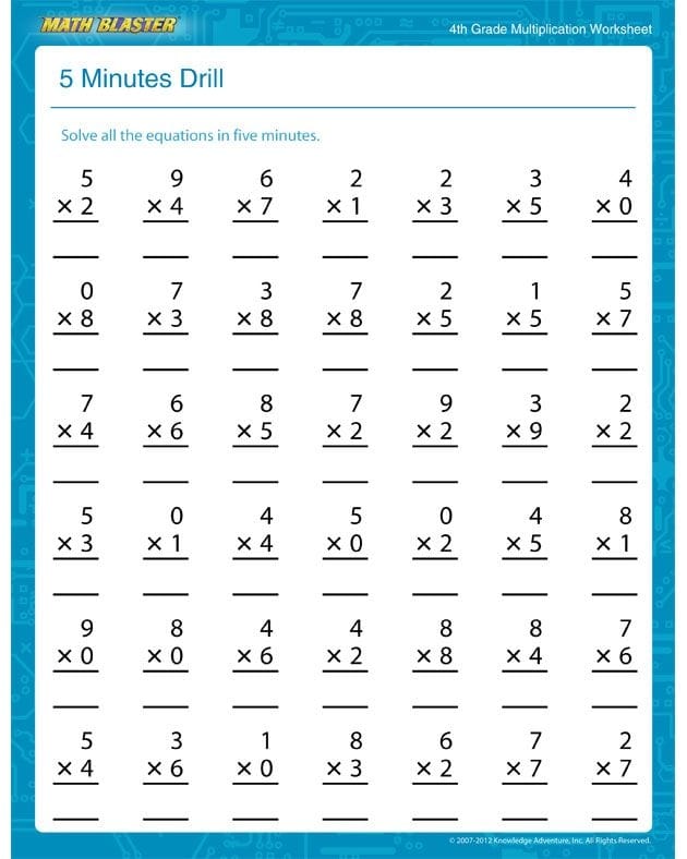 Worksheet featuring the Two-Minute Multiplication challenges for third graders to improve their skills. Two-Minute Multiplication worksheet for practicing 48 one- and two-digit multiplication problems.