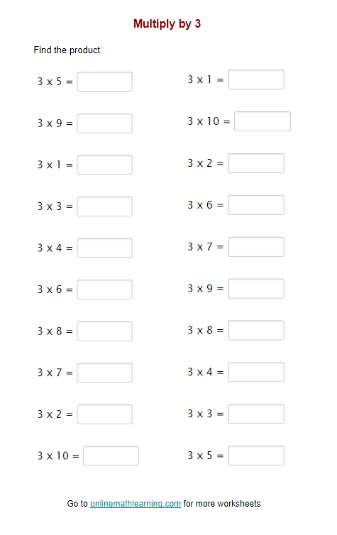 Third grade students working on a multiplying by three math worksheet, solving equations and filling in a chart. Engaging multiplication worksheet for third graders focused on the number 3.