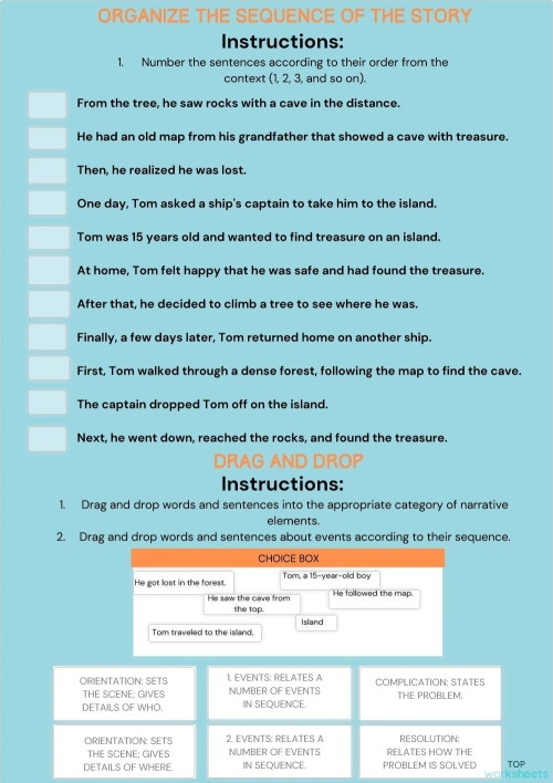 Grammar and Mechanics worksheet for Third Grade A student filling out a worksheet titled "Complete the Table: Narrative Elements" for third-grade grammar. Educational resource for reinforcing narrative features in writing.