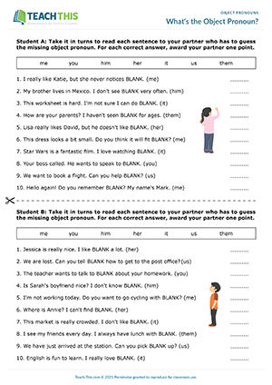 Third grade grammar worksheet focusing on replacing objects with pronouns for lesson 22