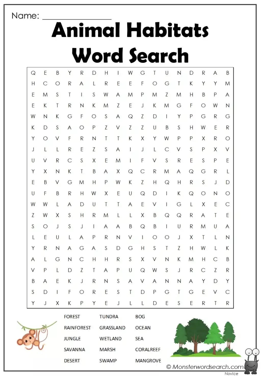 Habitats Word Search Ocean Animals Worksheet for Elementary Science Learning Third grade students finding ocean animal words including blue whale, squid, and shark in a word search grid puzzle
