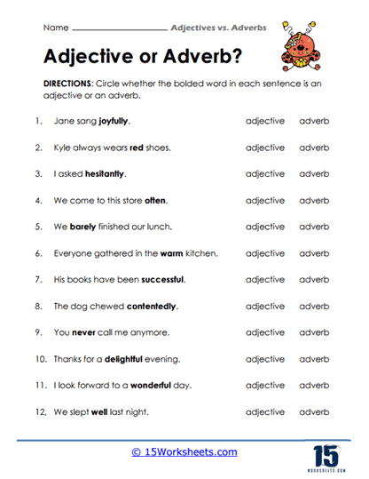 Third grade worksheet showing practice exercises for identifying and categorizing adjectives, adverbs, and verbs in sentences