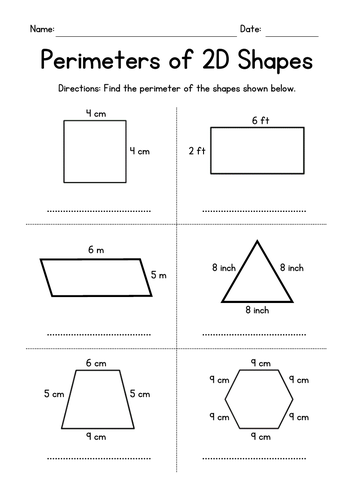 Third grade geometry basics worksheet focused on calculating the perimeter of various polygons