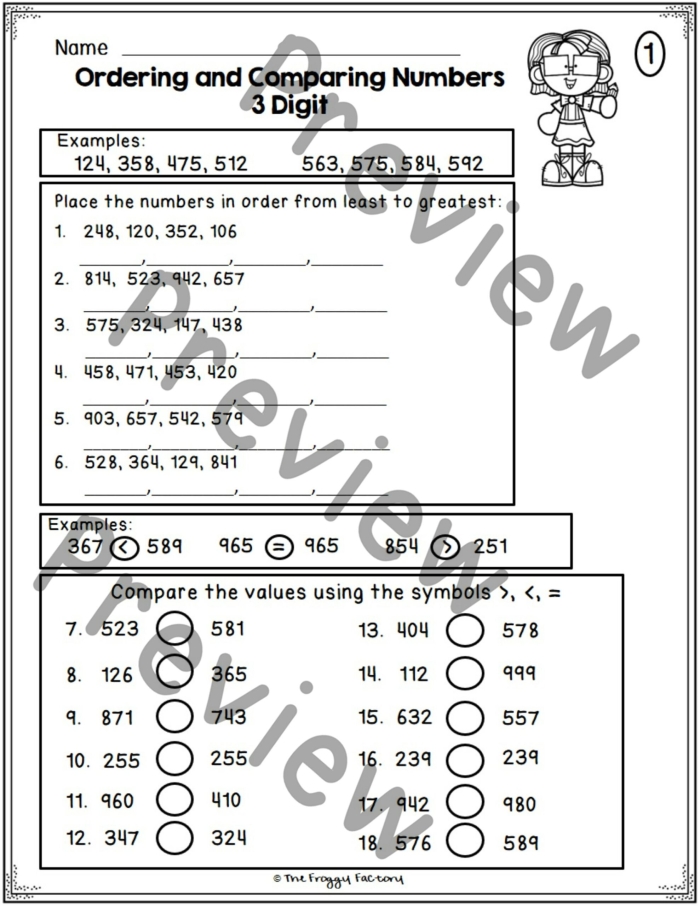 Third grade student identifying place value of digits in three-digit numbers on a worksheet