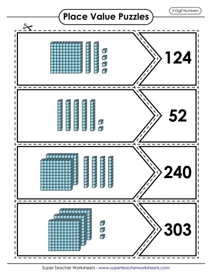 Third grade student completing a three-digit place value assessment worksheet focusing on ones tens and hundreds