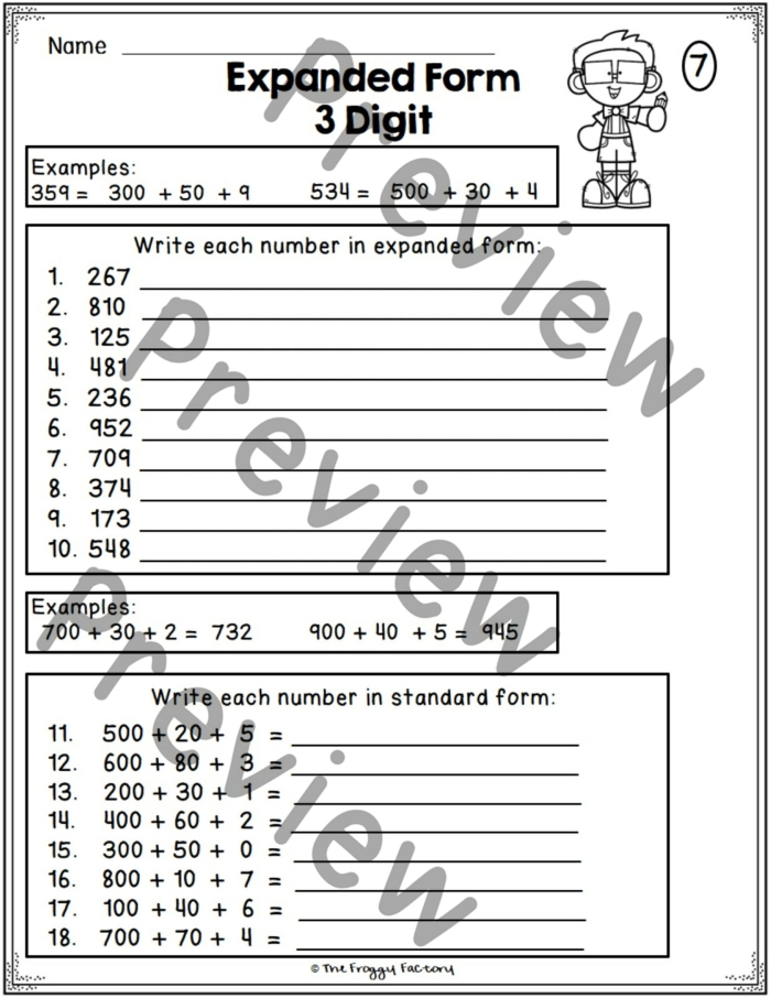 Third grade student completing a place value worksheet identifying ones, tens, and hundreds digits in three-digit numbers