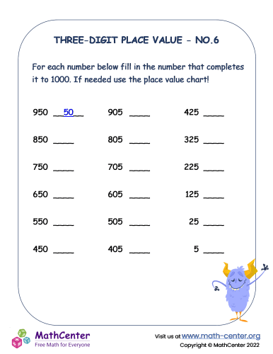 Third grade student working on a three-digit place value assessment worksheet identifying hundreds tens and ones