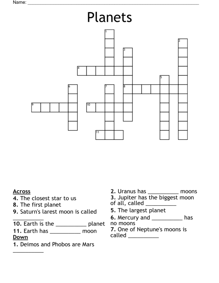 Crossword puzzle featuring planet pictures for third graders studying Earth and space science