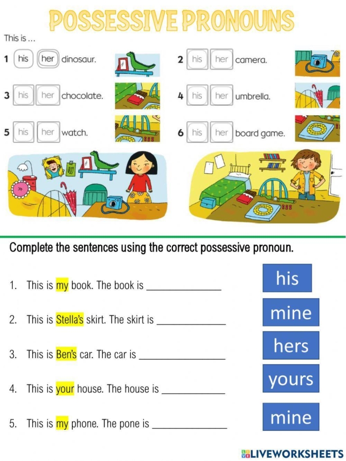 Third grade grammar worksheet featuring possessive pronouns practice exercises