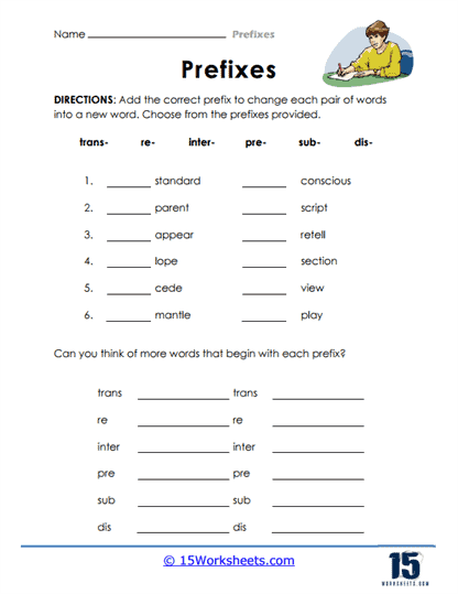 Worksheet for third graders to practice prefixes with root words