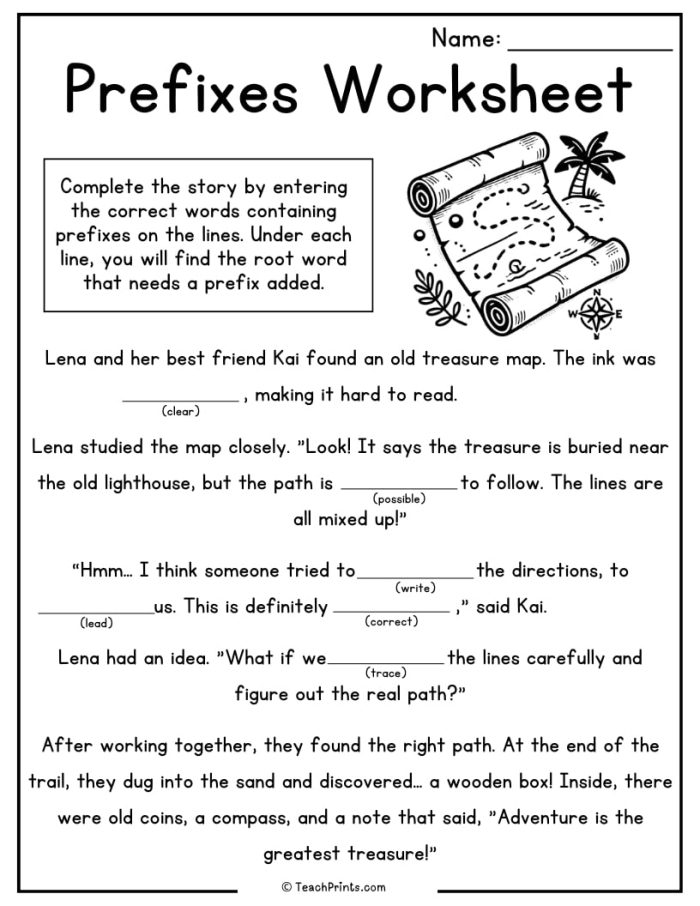 Worksheet for third graders to practice prefixes with root words