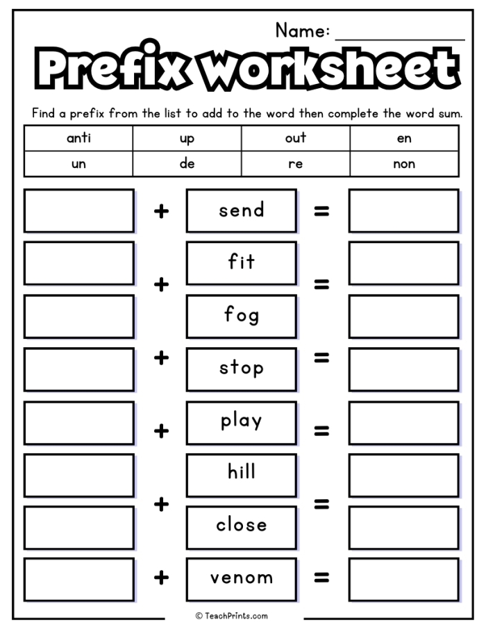 Worksheet for third graders to practice adding prefixes to root words