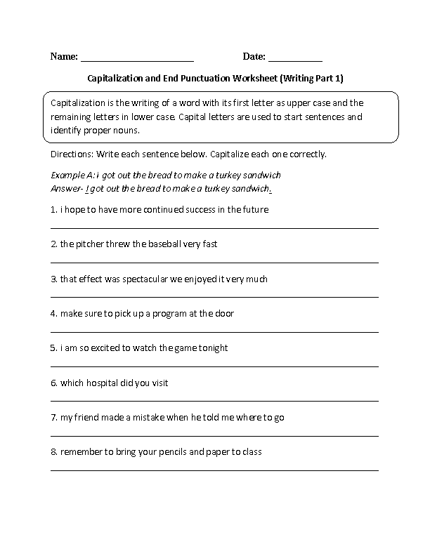 Third grade student practicing punctuation and capitalization corrections on a worksheet with five sentences to edit and five sentences to rewrite