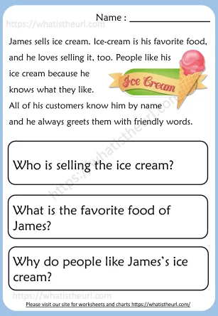 Title of the image showcasing a reading passage designed to enhance comprehension skills in young learners Worksheet on reading comprehension featuring "The Ice Cream Disaster" for third graders