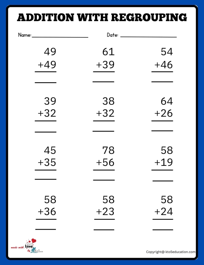 Review Addition with Regrouping Third Grade Math Worksheet 1 Third grade math worksheet featuring multiple addition problems that require carrying and regrouping