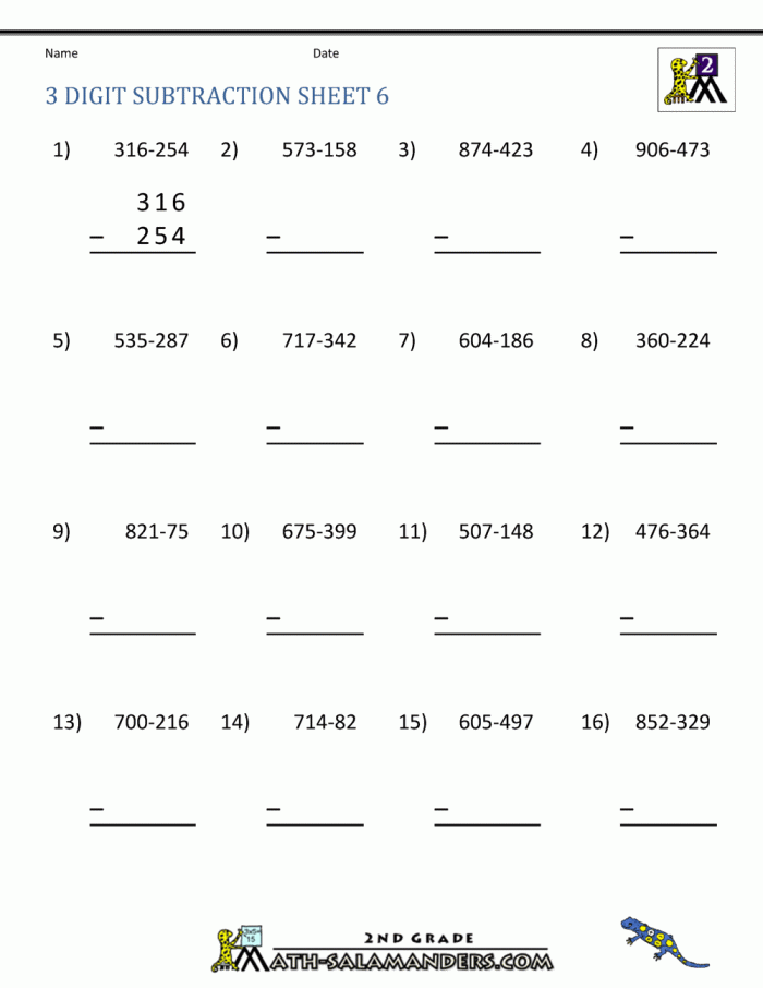 Students practicing triple-digit subtraction problems with regrouping on a worksheet