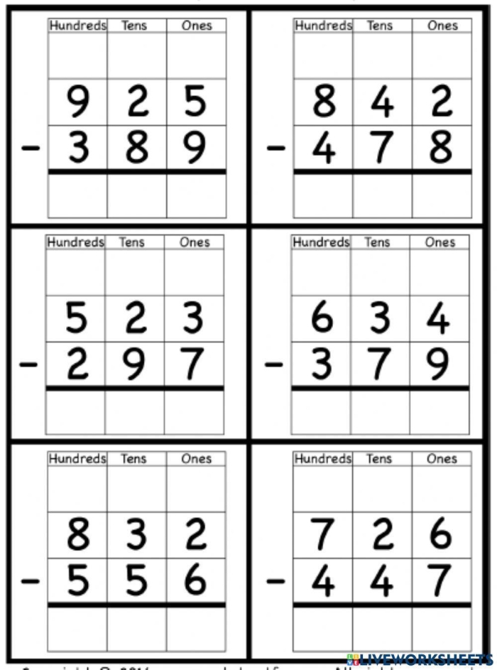 Third grade math worksheet featuring fifteen triple-digit subtraction problems that require regrouping to solve