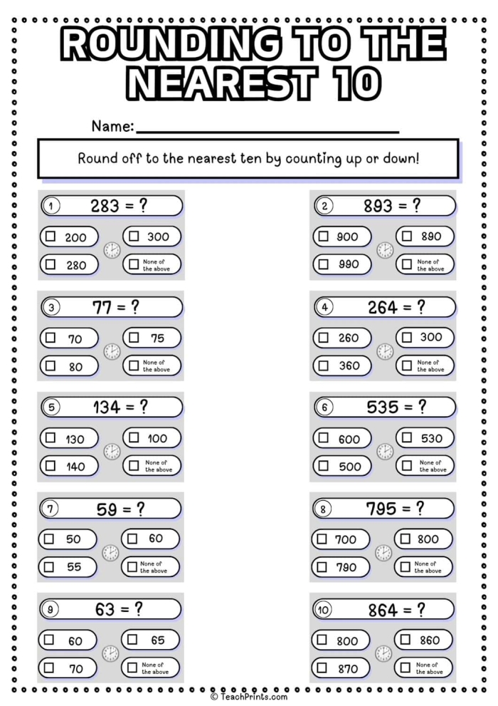 Rounding to the Nearest 10 Practice Activity for Elementary Students Third grade math worksheet showing rounding numbers to the nearest 10 with practice problems and visual number line examples