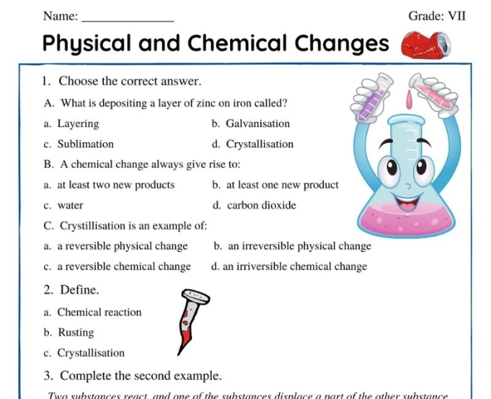 Chemical Versus Physical Reactions Learning Activity for Elementary Students Third grade science worksheet showing examples of chemical and physical reactions for students to identify and compare