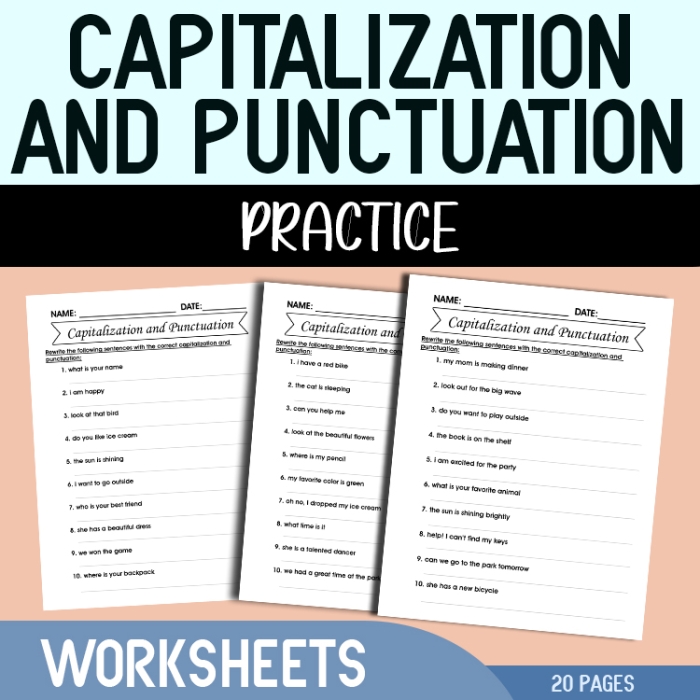 Third grade student practicing punctuation and capitalization with a structured sentence correction exercise