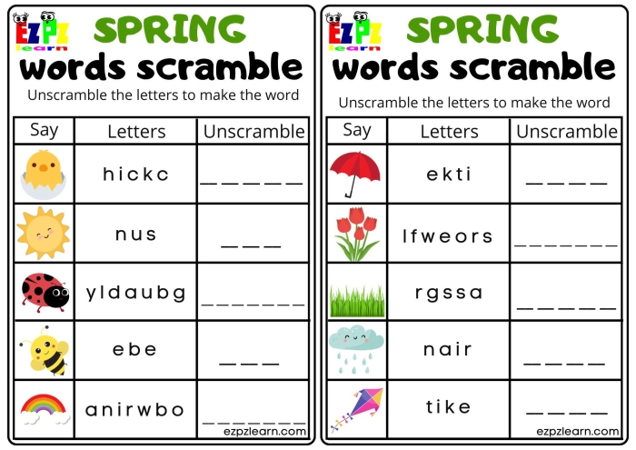 Spring Word Scramble worksheet featuring a fun activity for third graders to unscramble seasonal words