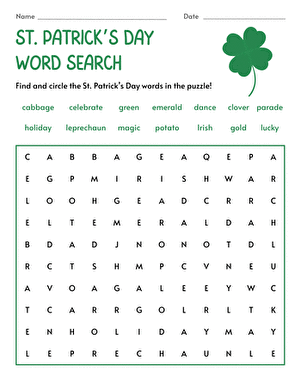 Third grade students solving a St. Patrick's Day word search worksheet with geometric clover borders