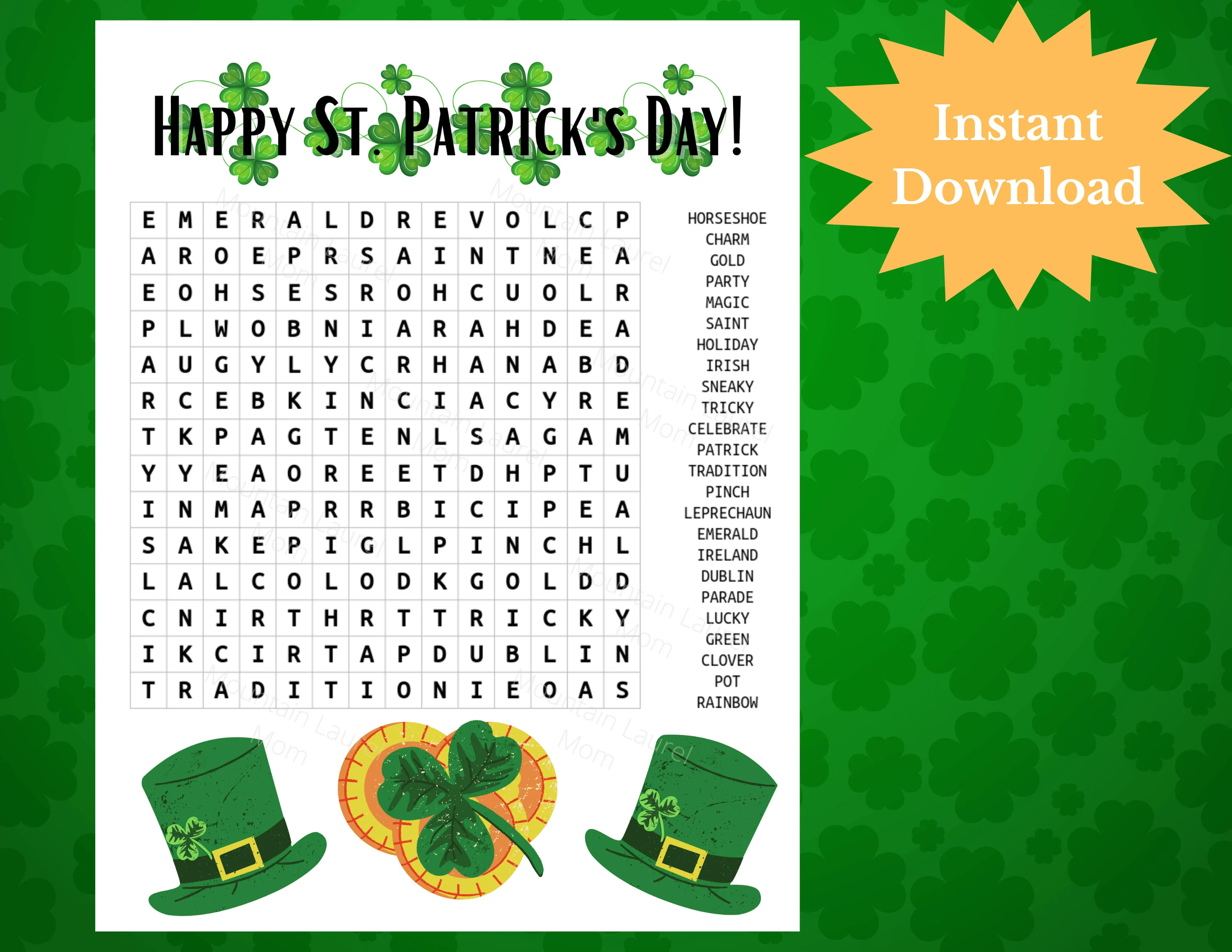 Third grade St. Patrick's Day word search worksheet featuring holiday vocabulary and geometric border designs 26
