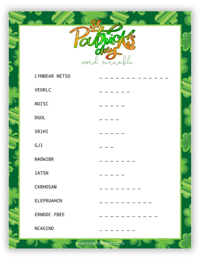 St. Patrick's Day Word Scramble worksheet for third graders featuring 10 festive words to unscramble