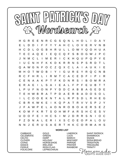 St. Patrick's Day Word Search worksheet for third graders to enhance vocabulary