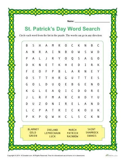 St. Patrick's Day Word Search worksheet for third grade geometry students with holiday vocabulary