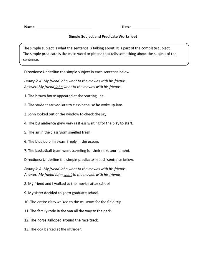 Third grade subject and predicate worksheet designed to enhance students' understanding of sentence structure. Ideal for mixed operations in language arts activities. Subject and predicate worksheet for third graders focusing on identifying subjects and predicates in sentences. Engaging practice for kids to improve their grammar skills.