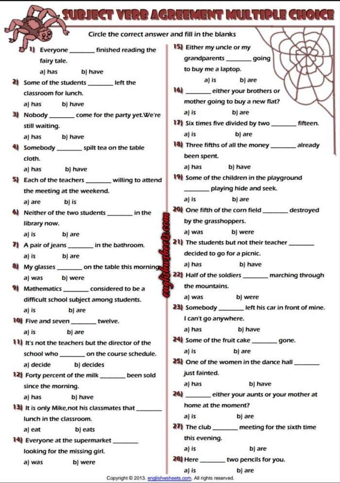 Third grade grammar worksheet showing subject-verb agreement exercises with sentences for students to complete by selecting the correct verb form