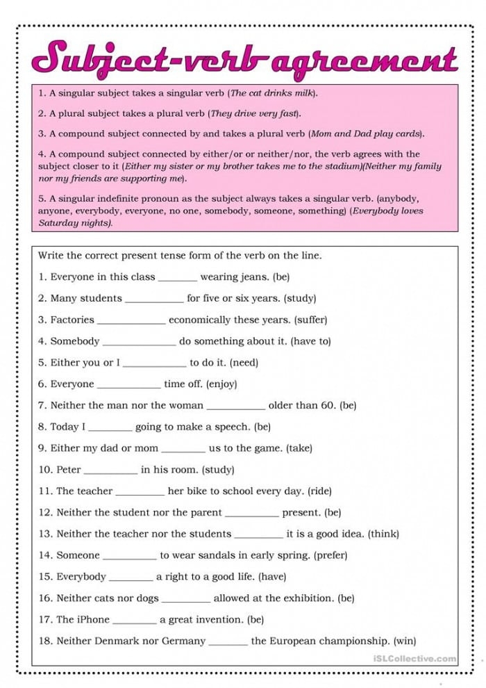Third grade grammar worksheet showing subject-verb agreement practice exercises where students select matching verbs for sentence subjects