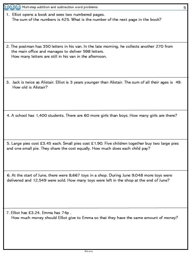 Ocean Animals Math Problems: Practice Subtracting and Dividing in Word Problems Third grade ocean-themed worksheet showing multi-step word problems with subtraction and division operations for students to solve