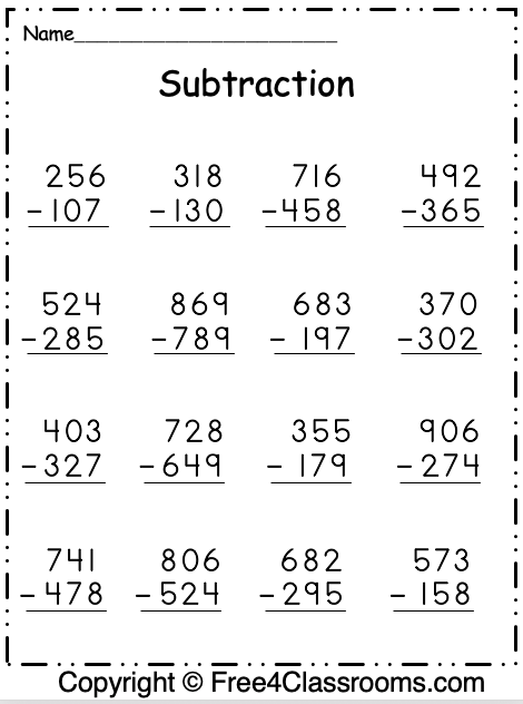 A worksheet designed for third graders to practice three-digit subtraction problems