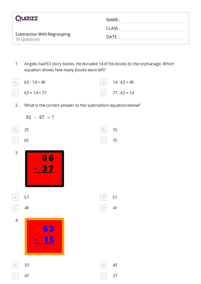 Three-Digit Subtraction with Regrouping Practice Worksheet Five Third grade math worksheet featuring forty problems on 3-digit subtraction with regrouping