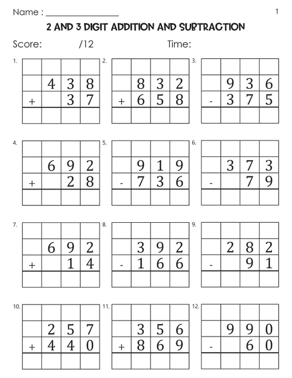 Third grade student practicing three-digit subtraction problems on an educational math worksheet