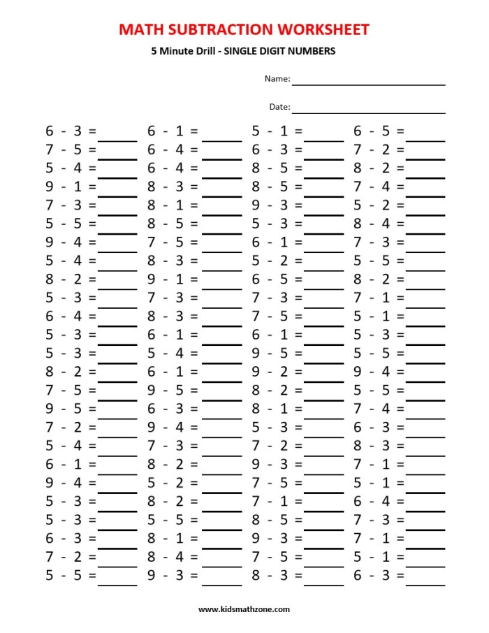 Timed Subtraction Practice Worksheet for 3rd Grade Math Skills 16 Third grade student working on a 2-Minute Subtraction worksheet to improve math speed