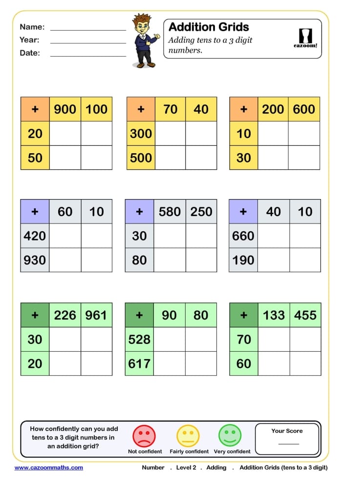 Third grade student practicing addition with a three-digit numbers worksheet