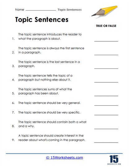 Third grade student worksheet for practicing and writing clear topic sentences for paragraphs